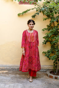 Red Bandhej Anarkali Suit Set with Gota Dupatta