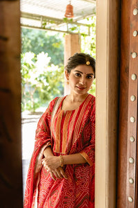 Red Bandhej Anarkali Suit Set with Gota Dupatta
