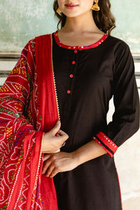 Black Red Moti Bandhej Suit Set with Bandhej Dupatta