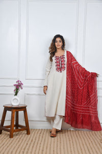 Ivory Lotus Suit Set with Bandhej Dupatta