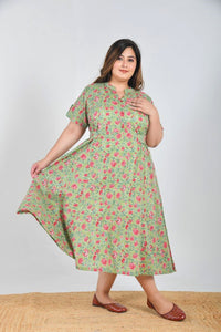 Green Floral Size Half Sleeves Midi Dress