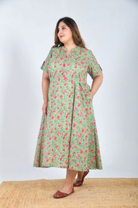 Green Floral Size Half Sleeves Midi Dress