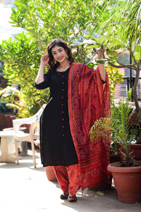 Black Red Bandhej Kameez Suit Set with Bandhej Dupatta