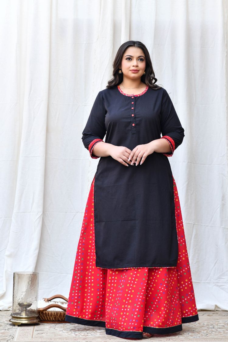 Buy INDO ERA Women's Bandhani Pure Cotton Straight Kurta with Skirt Set(Red_KS0RD2128_Small)  at Amazon.in