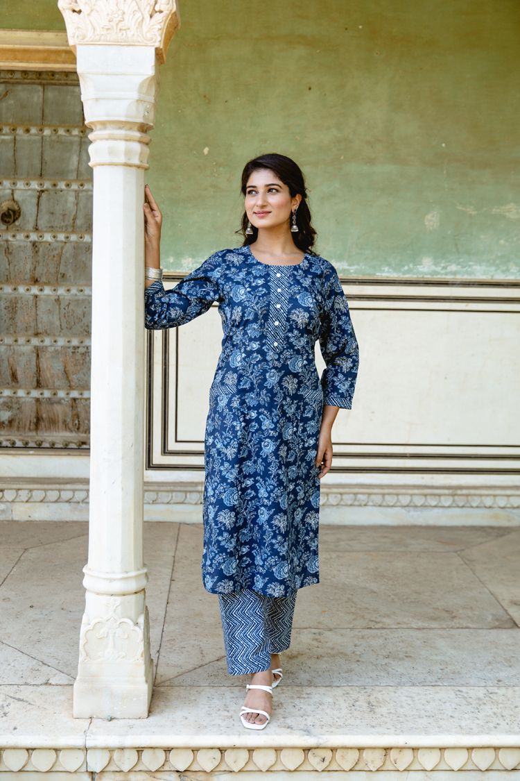 DENIM SYLE COTTON KURTI WITH PANT FOR WOMEN -FOF001DKP – www.soosi.co.in