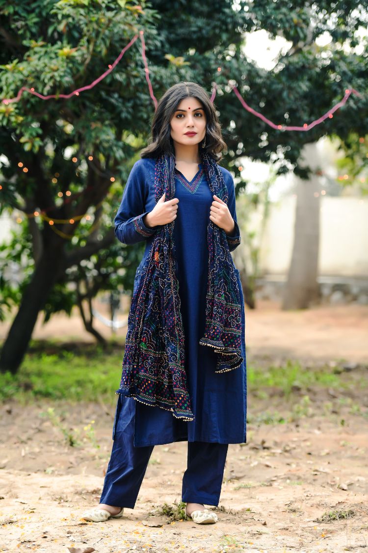 Navy blue cotton blend lurex assymetrical tunic with side tie up, pair –  Fabnest