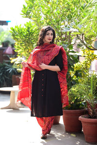 Black Red Bandhej Kameez Full Suit Set