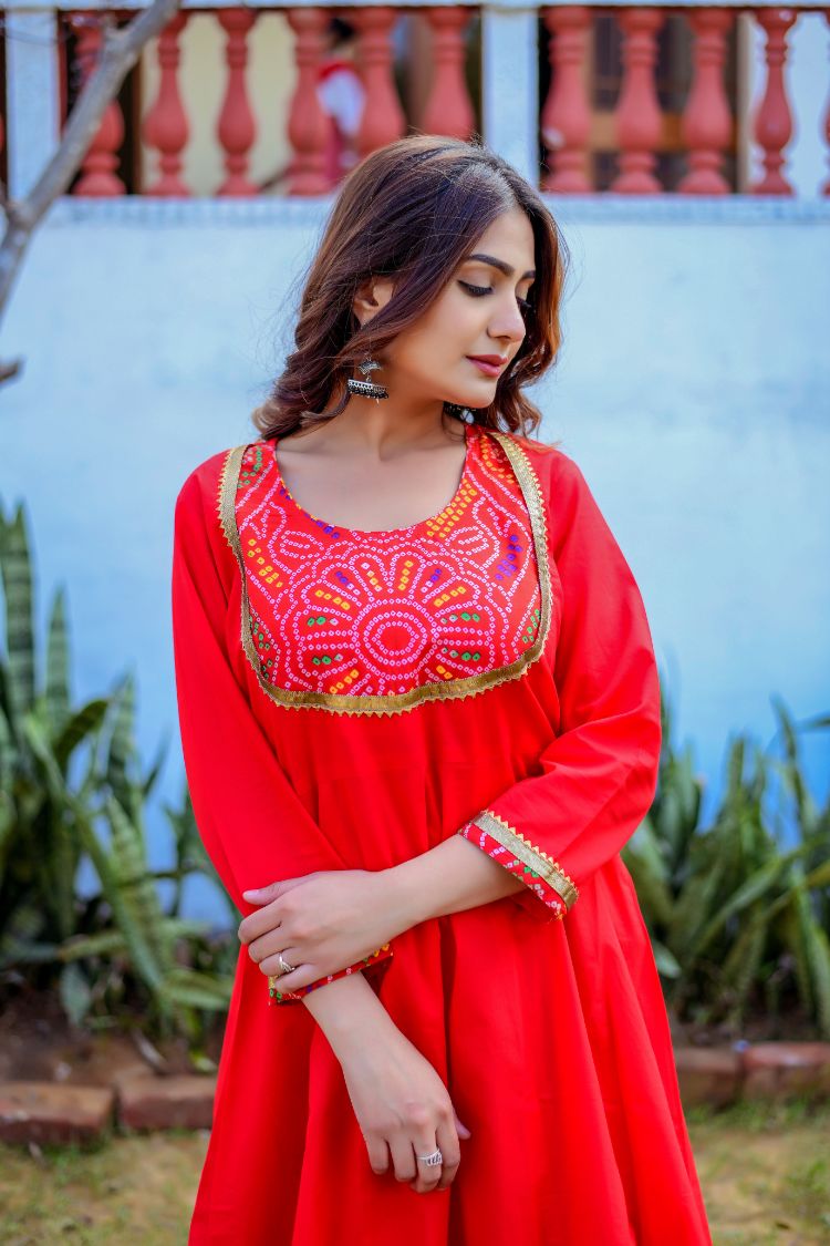Pure Rayon Bright Red Bandhani Print Kurta Sets 13004  Aarshi Fashions