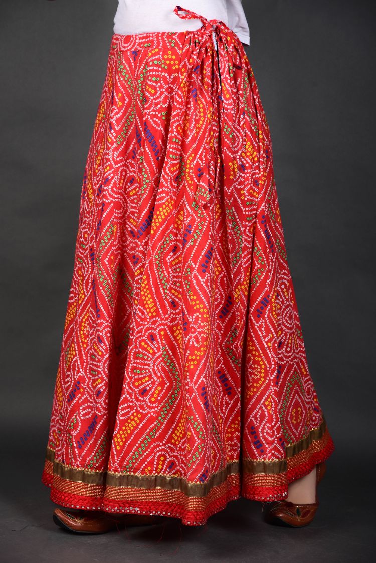 Tribes India Red Bandhani Printed Long Cotton Skirt Free Size  Tribes  India