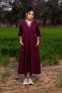 Wine Bandhani Bell Sleeves Ethnic Dress
