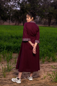 Wine Bandhani Bell Sleeves Ethnic Dress