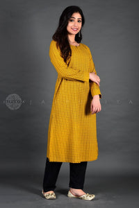 mustard yellow checks full sleeve cotton kurta kurti Jaipuri kurti for women ethnic wear ladies stylish new latest