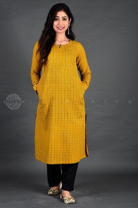 mustard yellow checks full sleeve cotton kurta kurti Jaipuri kurti for women ethnic wear ladies stylish new latest