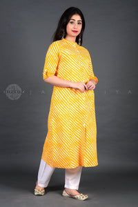 lemon yellow leheriya mandarin cotton kurta kurti Jaipuri kurti for women ethnic wear ladies stylish new latest